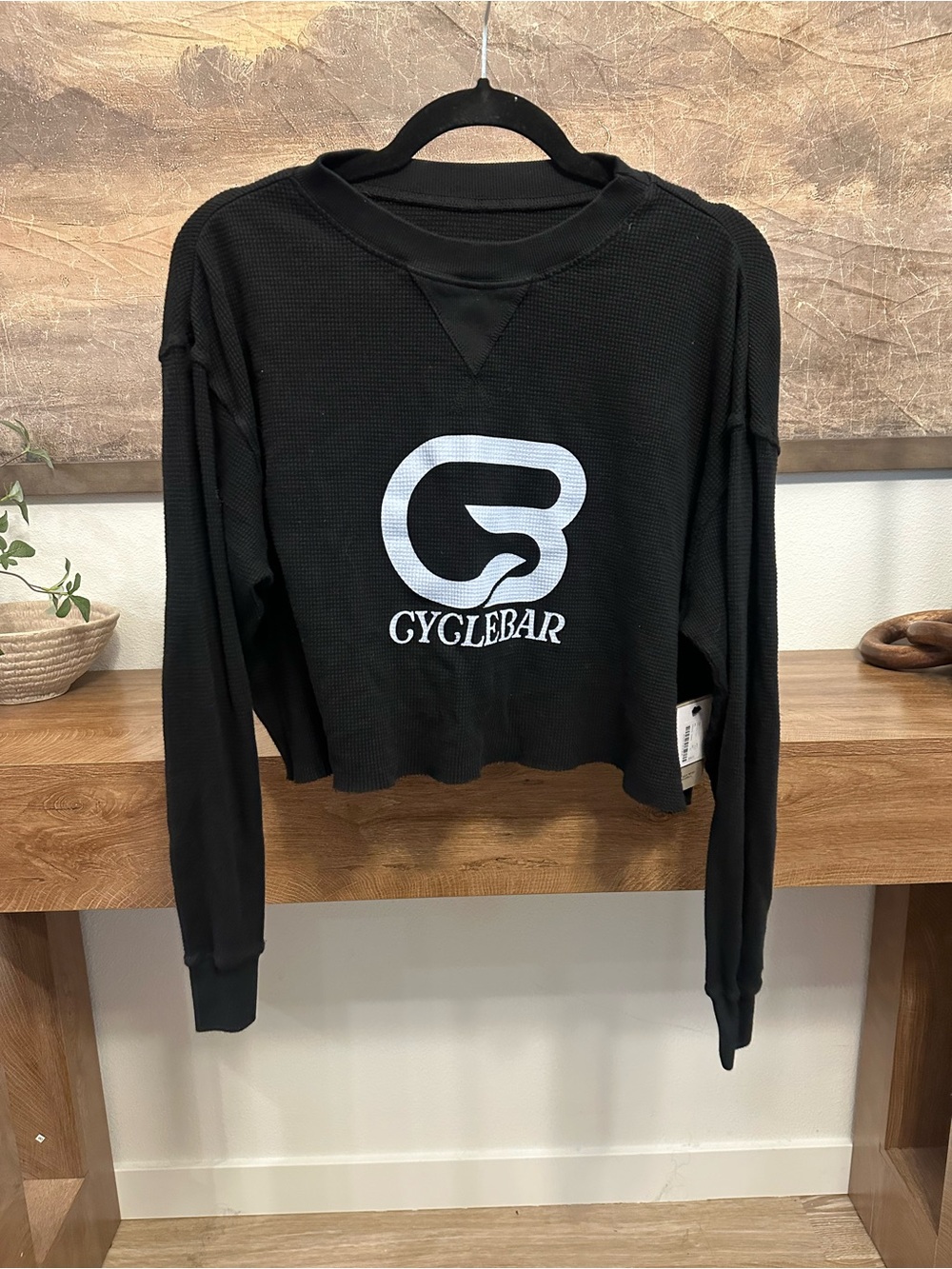 CycleBar Black Cropped Waffle-Knit Logo Sweatshirt